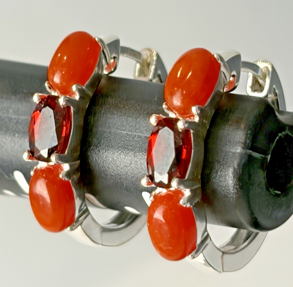 Sterling Silver Garnet And Carnelian Hoop Earrings Well Made!